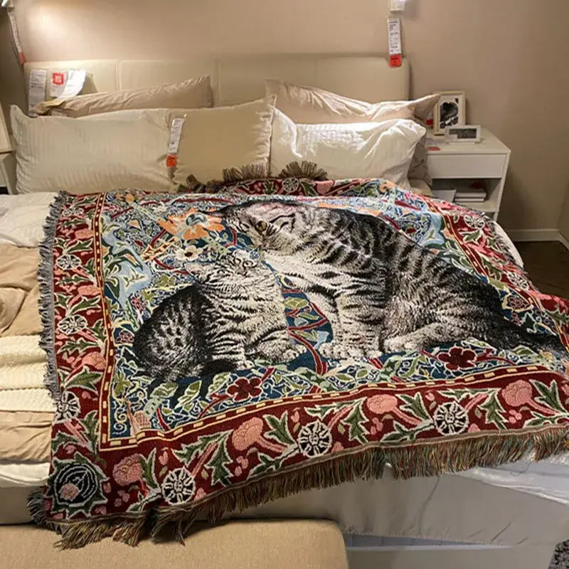 Woven colorful cat oil painting blanket bedroom throw decor
