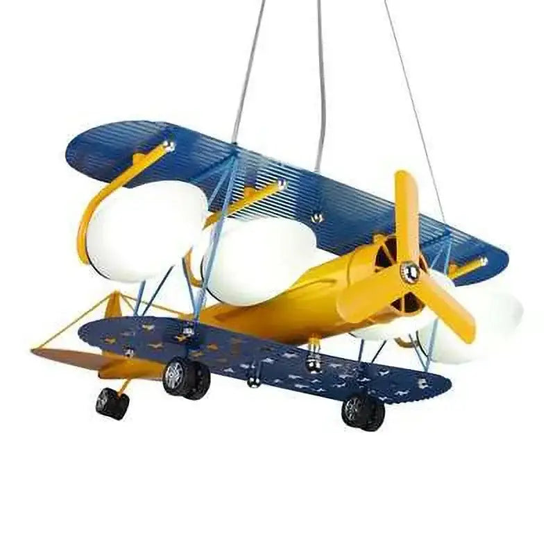 Yellow and blue biplane airplane chandelier led lights for boys bedroom