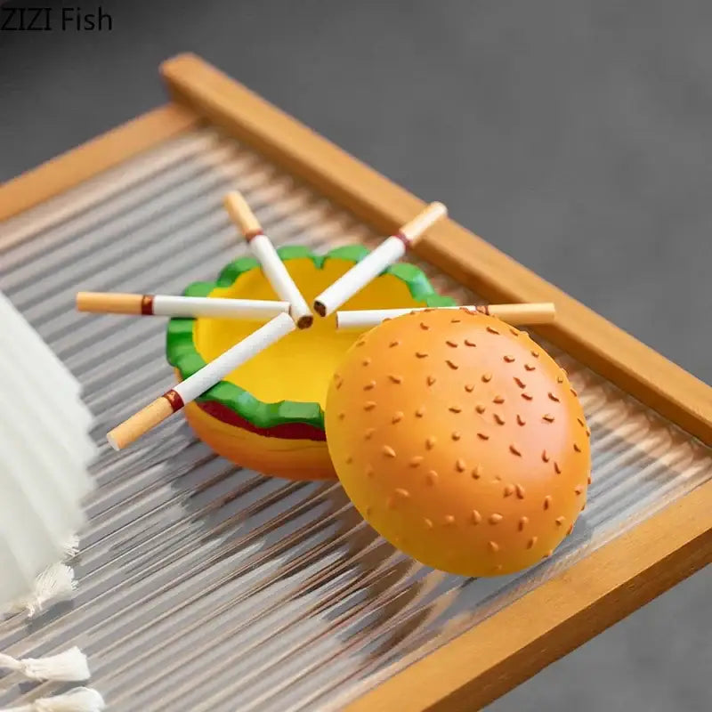 Yellow and green cartoon burger ashtray for office table desk decor