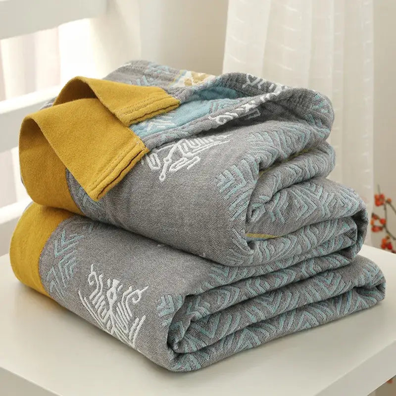 Yellow & blue cotton stripe gauze towel quilt bedroom summer blanket