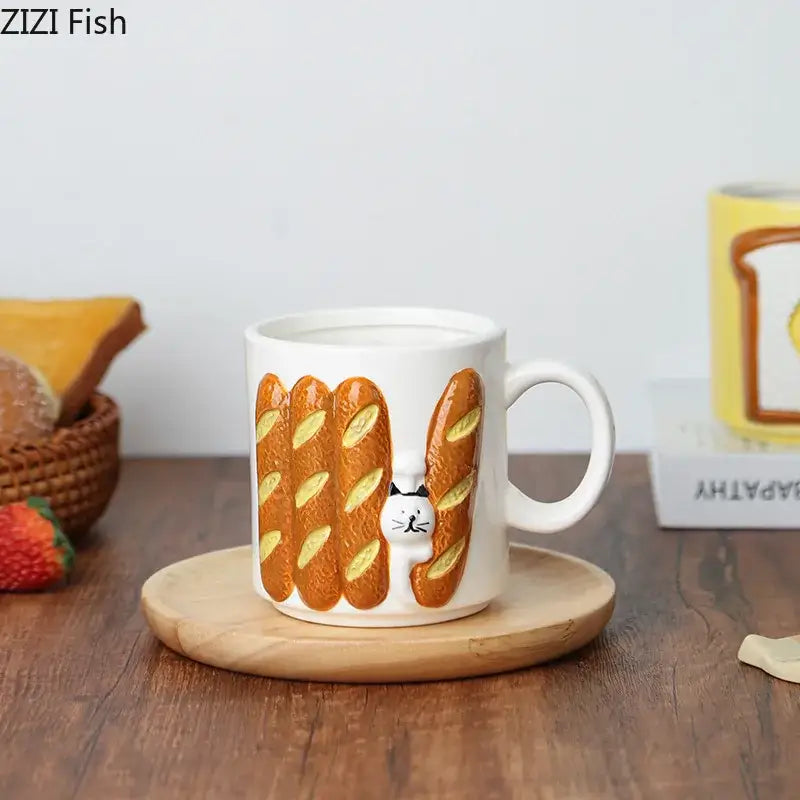 Yellow bread pattern ceramic cat mug kitchen toast cup