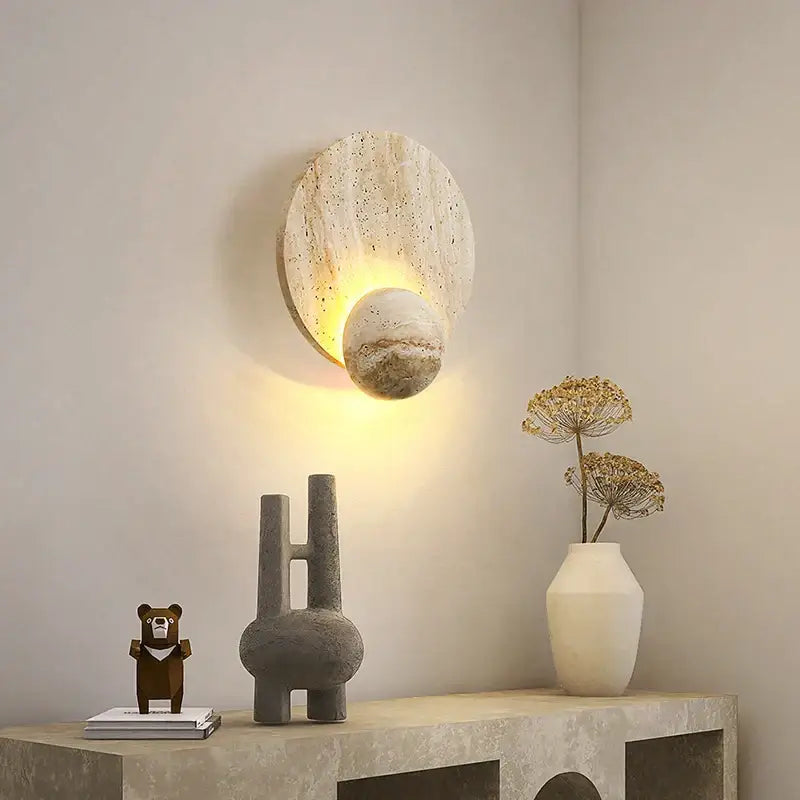 Yellow travertine circular led wall lights bedroom sconce set