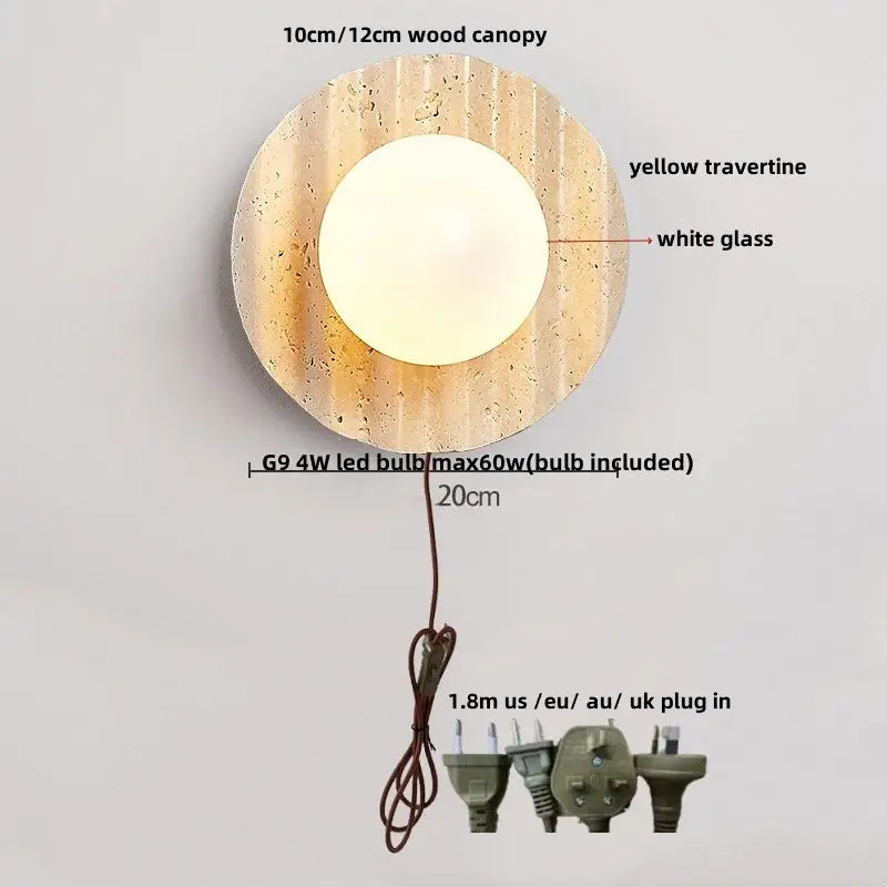 Yellow travertine circular led wall lights bedroom sconce set