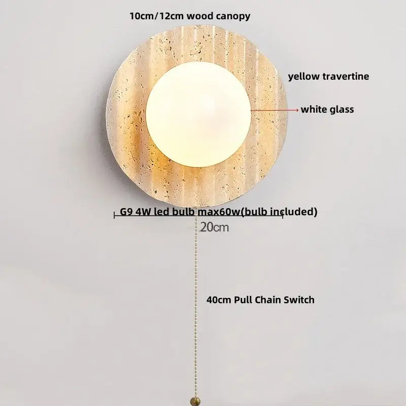Yellow travertine circular led wall lights bedroom sconce set