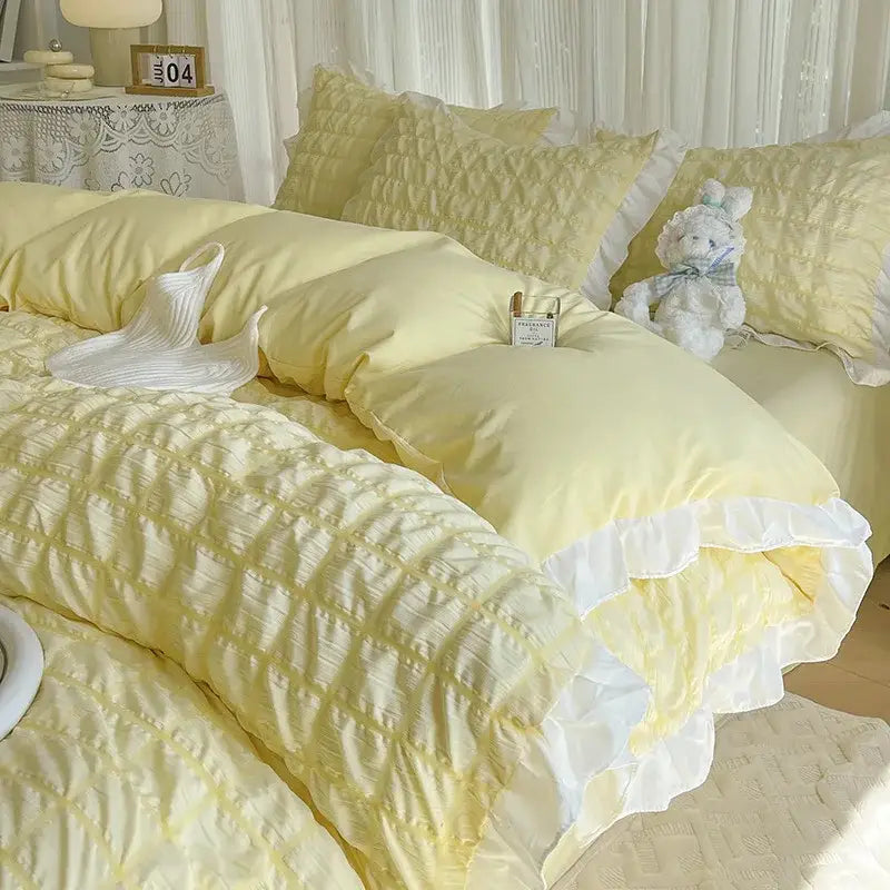 Yellow & white ruffled bubble gauze duvet cover set – bedroom bedding