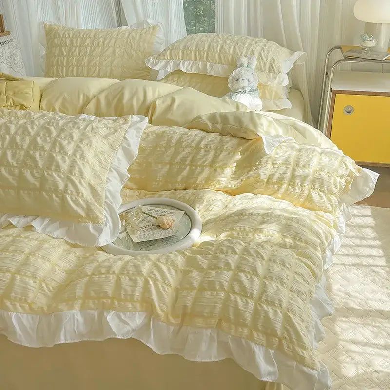 Yellow & white ruffled bubble gauze duvet cover set – bedroom bedding