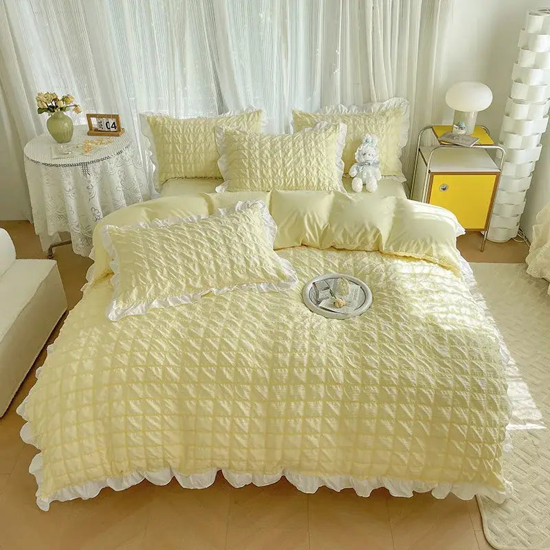 Yellow & white ruffled bubble gauze duvet cover set – bedroom bedding