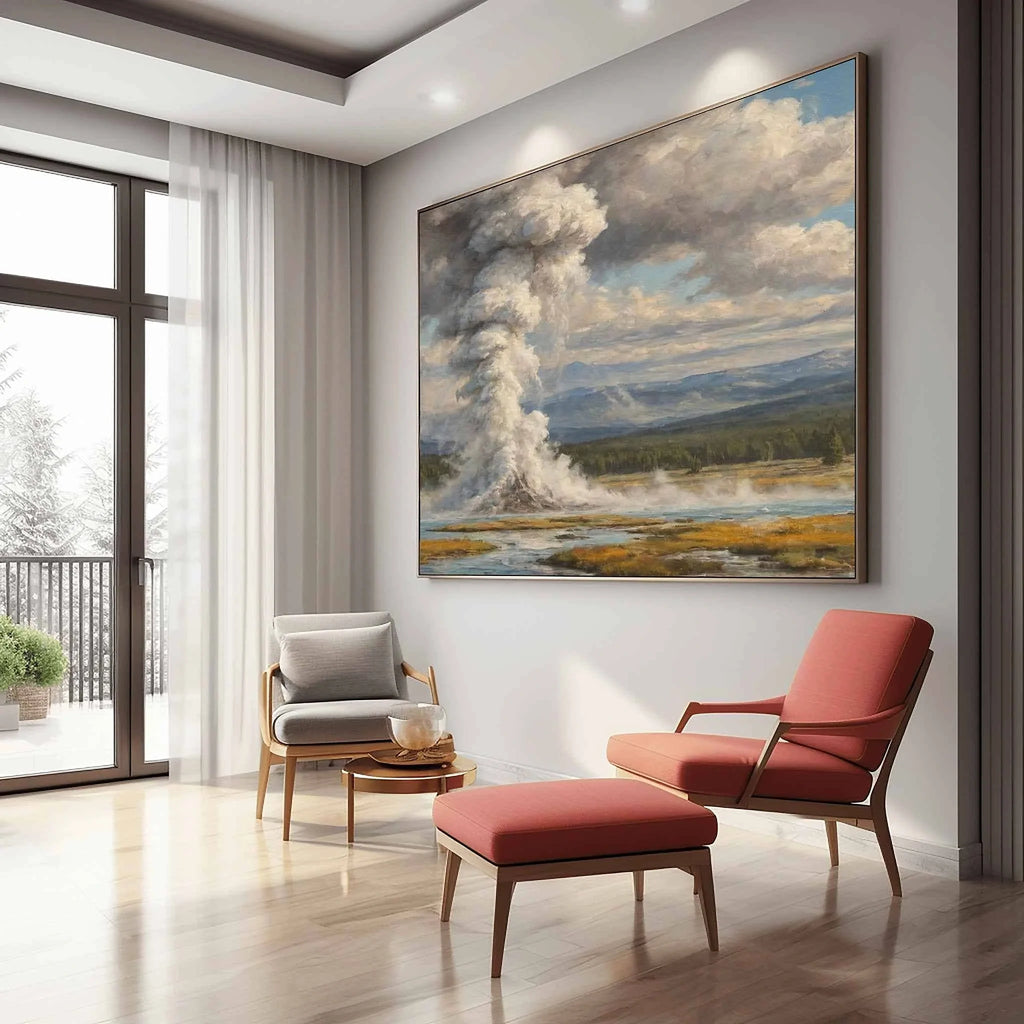Yellowstone Icon: Old Faithful Geyser Eruption Oil Painting