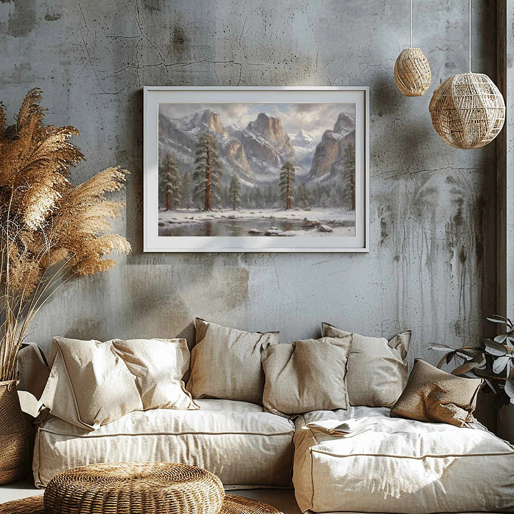 Yosemite Winter Silence: El Capitan & Half Dome Oil Painting Canvas Art