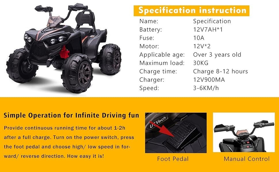 12V Electric Kids Ride-On Off-Road ATV Quad Car with 2 Speeds Green