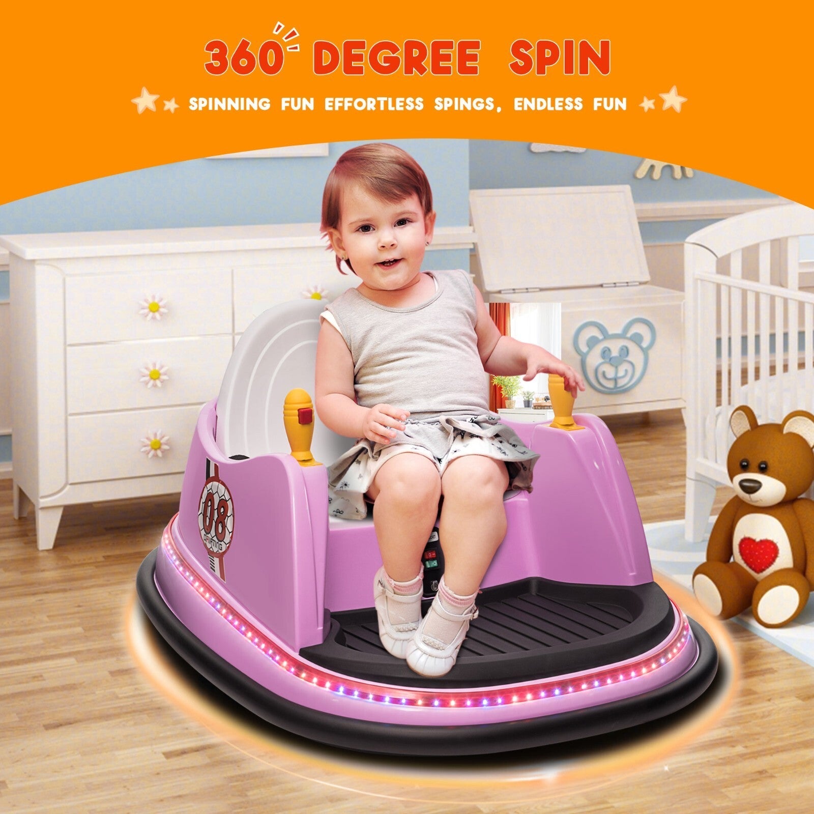 12V Kids Ride-On Bumper Car with Remote Control, 360° Spin and Flashing Lights for Toddlers