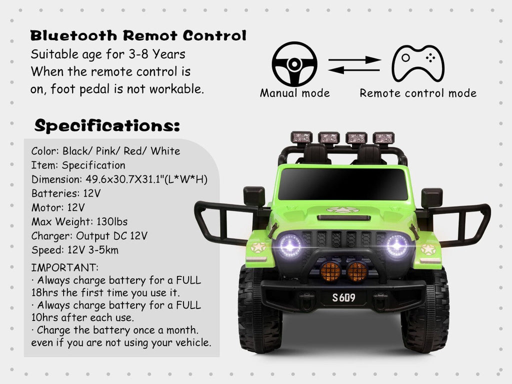12V Electric Kids Ride-On Jeep Truck with Remote Control Battery-Powered Car Green