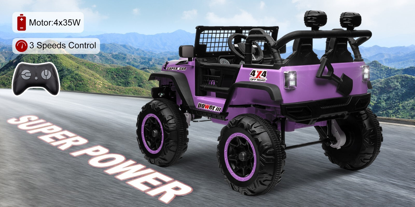 24V Electric Kids Ride-On Car with 2 Seats and 4WD/2WD Switch - Purple