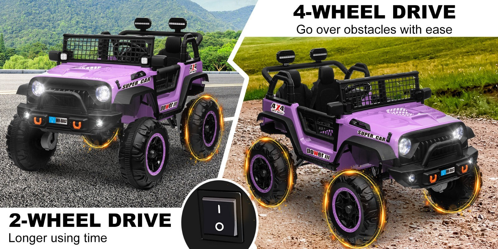 24V Electric Kids Ride-On Car with 2 Seats and 4WD/2WD Switch - Purple