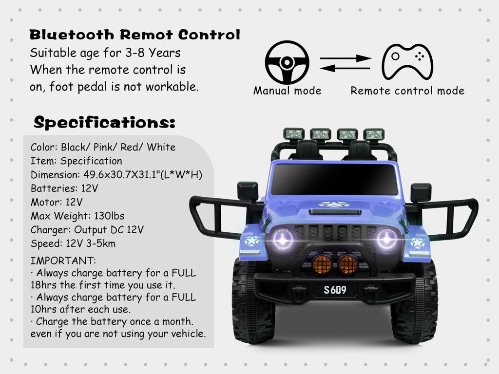 12V Electric Ride-On Jeep Truck for Kids with 2 Seats, 3 Speeds, and Remote Control, Blue